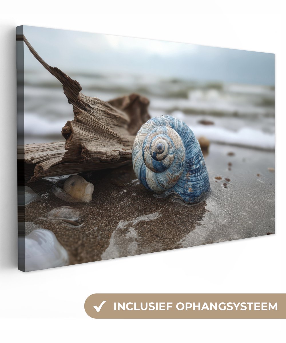 Canvas schilderij 150x100 cm - Exclusieve wanddecoratie Schelp - Strand - Blauw - Zee - Mu