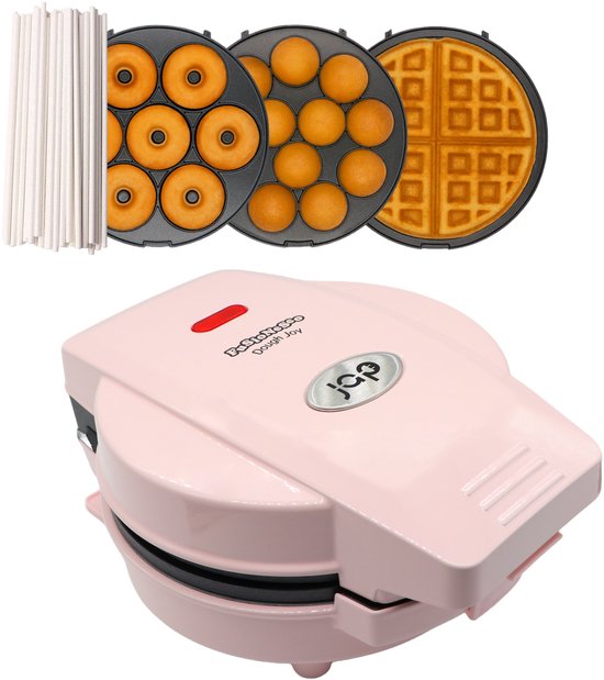 Roze wafelijzer met verwisselbare platen voor wafels, donuts en cakepops, inclusief 50 stokjes.