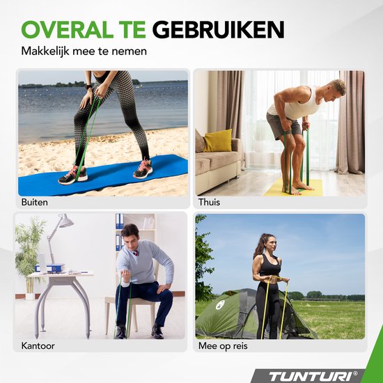 Collage van vier afbeeldingen die de veelzijdigheid van de weerstandsbanden tonen: buiten, thuis, op kantoor en op reis.