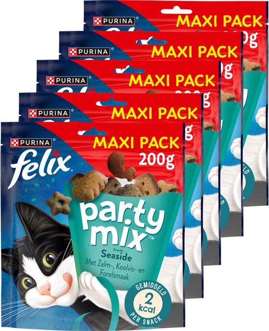 Felix Party Mix Seaside - Kattensnacks - Kattensnoepjes - Zalm Koolvis & Forel- 5 x 200 g