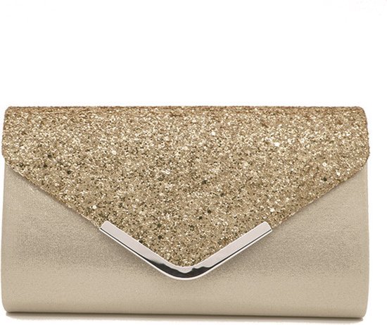 Gouden clutch met glitter overlay en satijnen onderkant. Metalen sluiting.