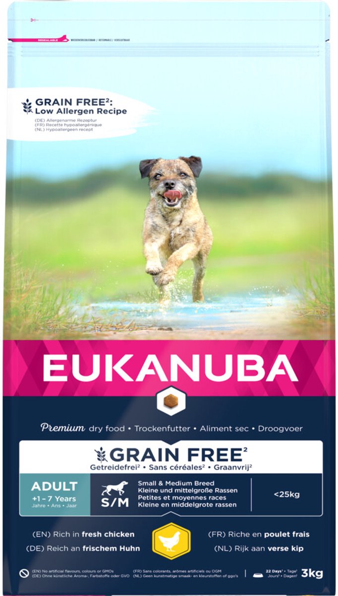 Eukanuba Adult Graanvrij Small-Medium Hondenvoer Kip – 3 x 3 kg – Voordeelverpakking