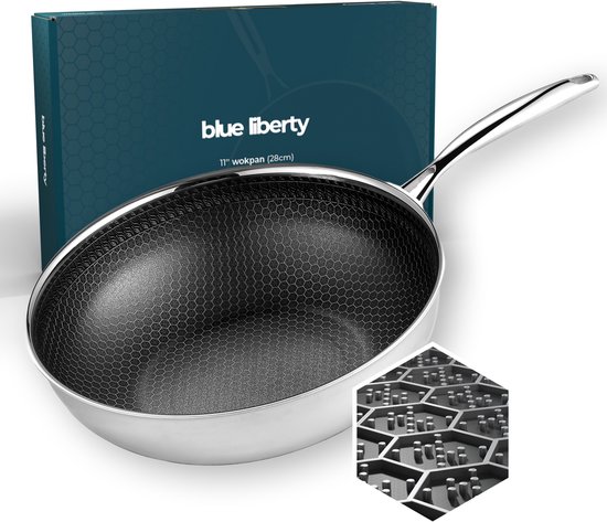 Wok Liberty Blue 28 cm – Hybride nid d'abeille – Sans céramique ni PFAS – Compatible induction, gaz, four et lave-vaisselle