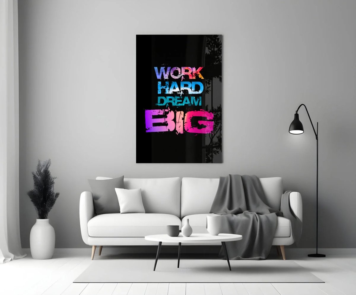 Glasschilderij Work Hard Dream Big – Motivatie Tekst Poster – Modern Wanddecoratie voor Kantoor of Fitnessruimte - 72x46 cm
