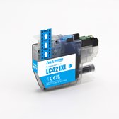 Cyaan LC421XL compatibele inktcartridge met blauw 'PULL' label, CE-markering en 'INKTKENNERS' logo.