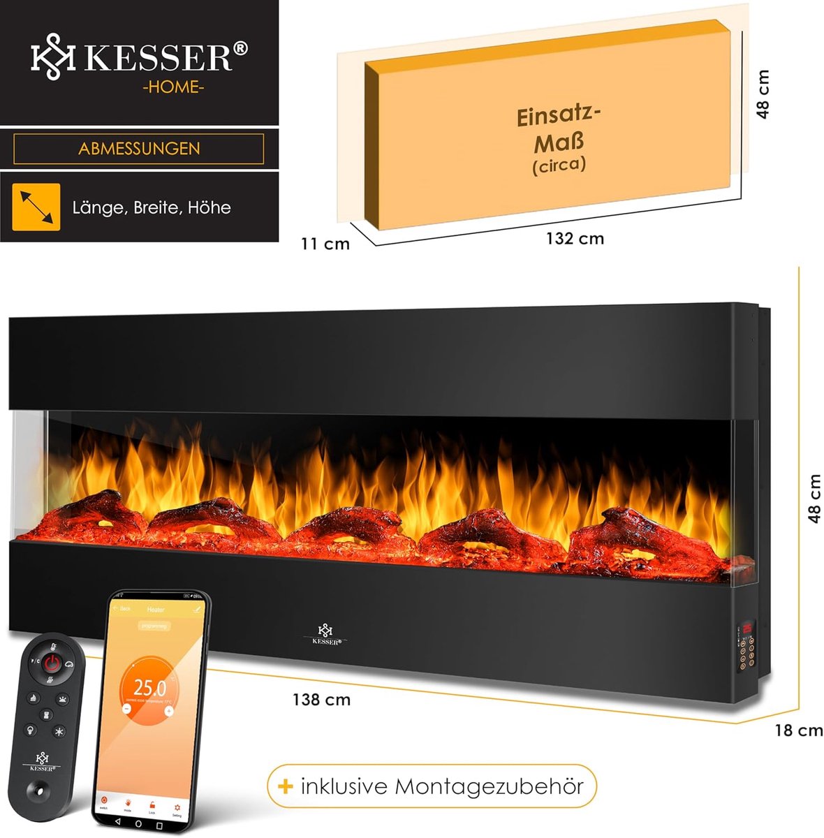 Elektrische Wandhaard “GlowLuxe 138 cm” – 3D LED Vlameffect, 9 Kleurmodi, Verwarming 900/1800W, Inbouw & Wandmontage, App-bediening, Thermostaat, Timer, Zwart HomeByNicole