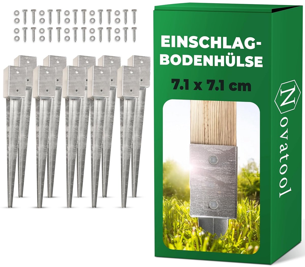Novatool 10x Grondhulsset 71x71x750mm Grondhuls Parasolpaalsteunen Hekpaal Houten paal Grondhulzen Inslaghuls Grondanker Grondpen om in te slaan, Gegalvaniseerd, met schroeven