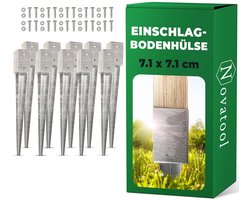 Novatool 10x Grondhulsset 71x71x750mm Grondhuls Parasolpaalsteunen Hekpaal Houten paal Grondhulzen Inslaghuls Grondanker Grondpen om in te slaan, Gegalvaniseerd, met schroeven