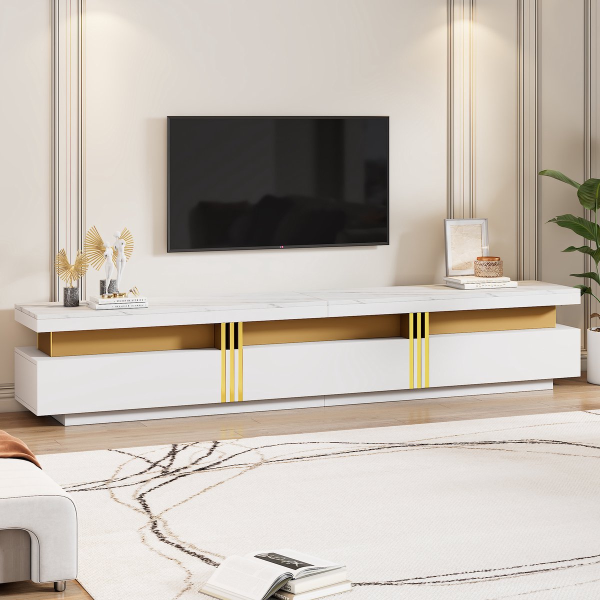 Sweiko TV-kast - Marmerlook - 200 x 40 x 42 cm - 3 lades - Wit + Goud