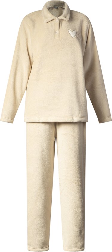 Lunatex - warm dames huispak 124266 - zacht loungepak - coral fleece - beige - maat XXL