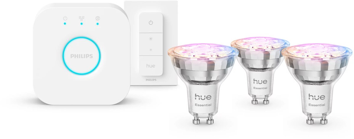 Philips Hue Essential starterkit - wit en gekleurd licht - 1 Bridge - 3 GU10-spots en dimmer switch – foto 3