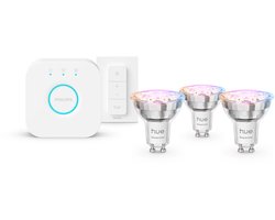 Philips Hue Essential starterkit - E27 fitting - bevat 1 Hue Bridge, 3 spots, draadloze schakelaar - aanpasbaar wit en gekleurd licht - standaard lampvorm - slimme verlichting