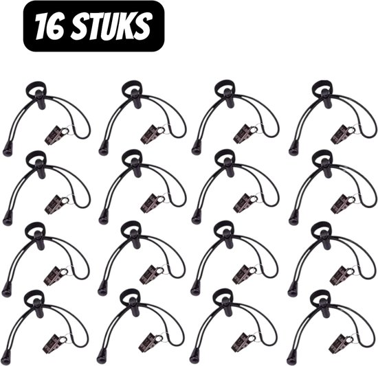 Een raster van 16 stuks zwarte achtergrondklemmen met verstelbare koorden en metalen clips.