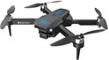 Zwarte drone met vier propellers, camera aan de voorkant en blauwe verlichting op de romp. "Brushless Motor"