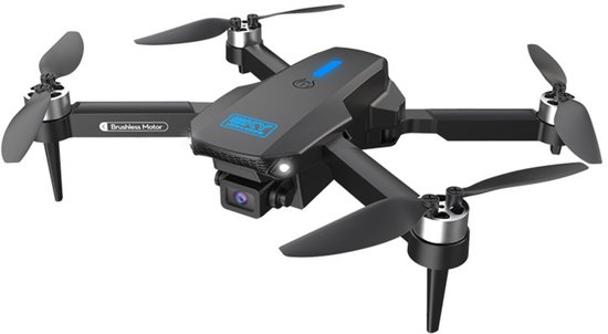 Zwarte drone met vier propellers, camera aan de voorkant en blauwe verlichting op de romp. "Brushless Motor"