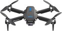 Zwarte drone met vier propellers, camera aan de voorkant en blauwe verlichting op de romp. "Brushless Motor"