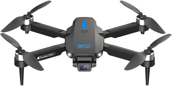 Zwarte drone met vier propellers, camera aan de voorkant en blauwe verlichting op de romp. "Brushless Motor"
