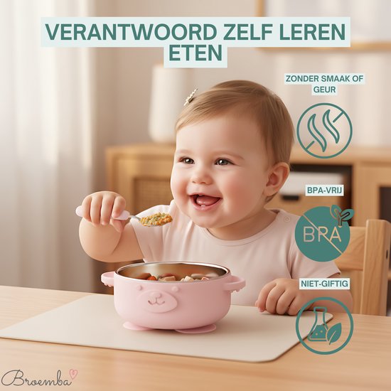 Broemba RVS Kinder Bestek - Baby Cuillère & Baby Fourchette avec grip silicone - 100% sans BPA Babybestek - Kinder Cuillère et Fourchette - Rose Peuterbestek