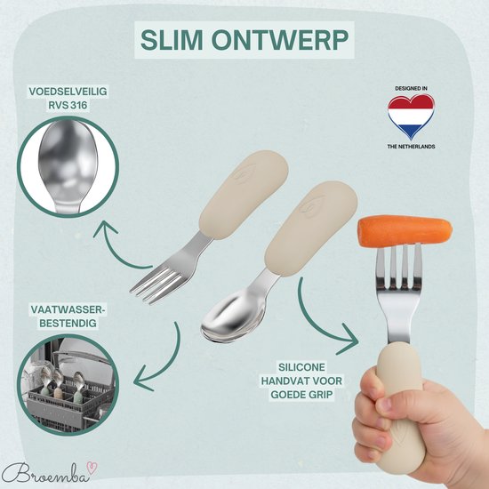 Couverts pour enfants en acier inoxydable Broemba - Cuillère et fourchette Bébé Bébé manche en silicone - Couverts pour bébé 100 % sans BPA - Cuillère et fourchette Kinder - Couverts beiges pour tout-petits