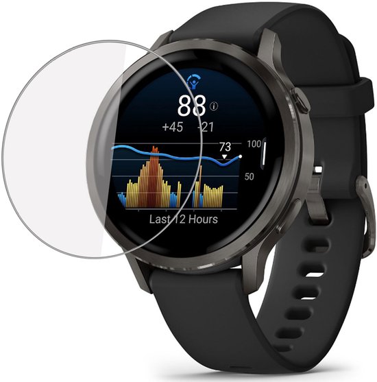 Grijze smartwatch met een zwarte band, die een grafiek "Laatste 12 uur" toont. Een screenprotector wordt getoond.