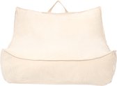 Beige ribstof zitzak met handvat aan de bovenkant, op witte achtergrond.