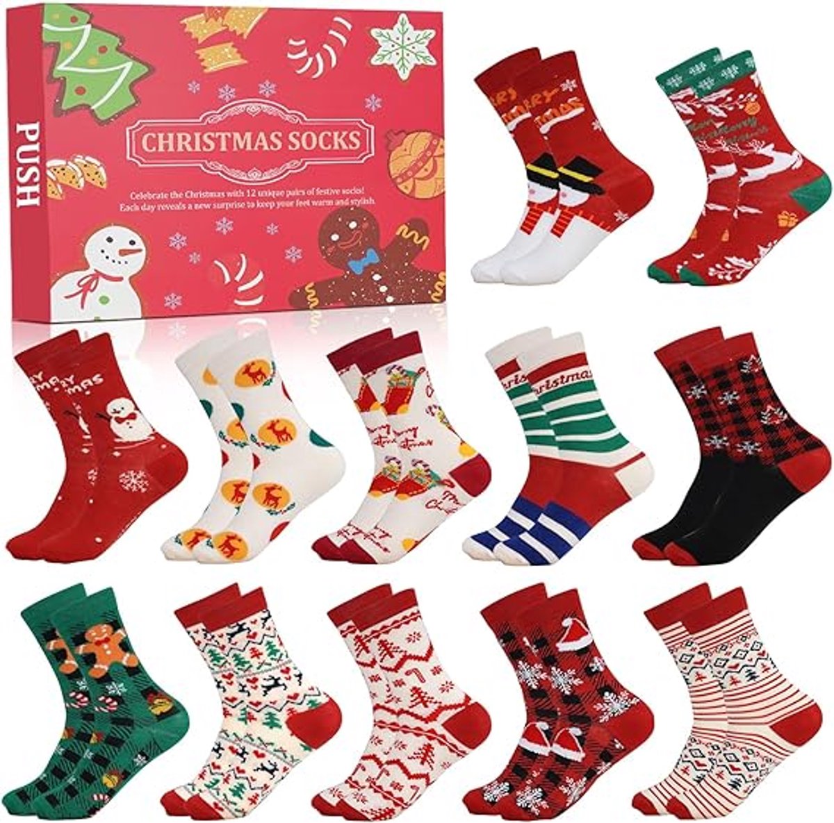 Kerstsokken - Aftelkalender voor Kerstmis, Adventskalendersokken, 12 dagen aftelkalender, warme sokken, cadeau voor een kerstfeestje, voor volwassenen, kinderen, mannen, vrouwen - Cyslmuk®