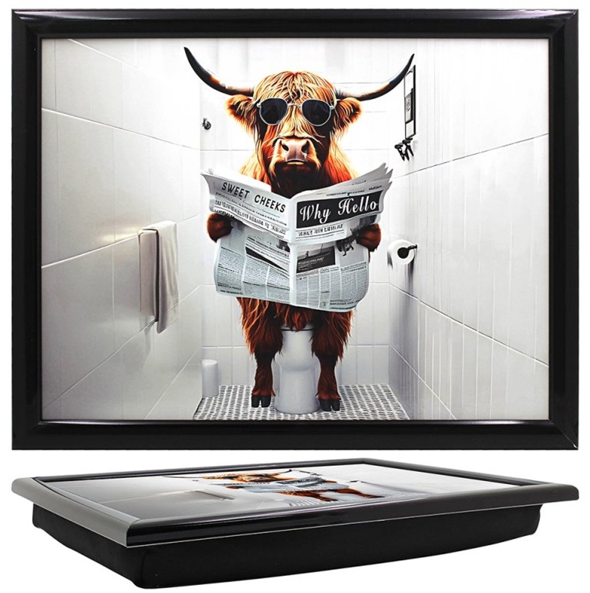 Cosy Creations- Laptray - Schoottafel - Schootkussen - Laptoptafel - Dienblad met kussen -Schotse Hooglander op de WC (44 x 34 x 6 cm)