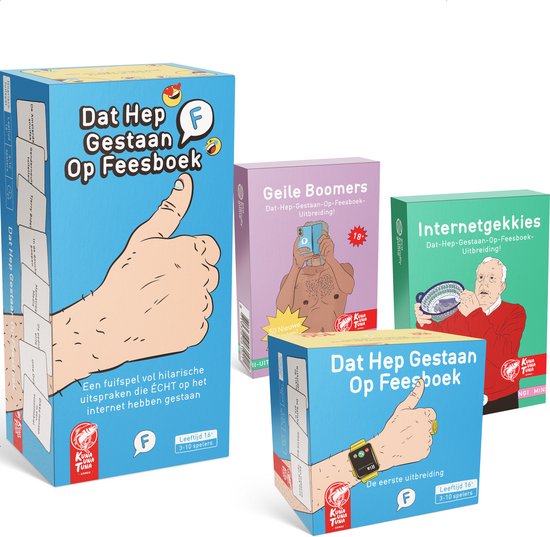 BASISSPEL + 3 UITBREIDINGEN | DAT HEP GESTAAN OP FEESBOEK - Kaartspel + 3 UITBREIDINGEN - Geile Boomers - Internetgekkies - De Eerste Uitbreiding