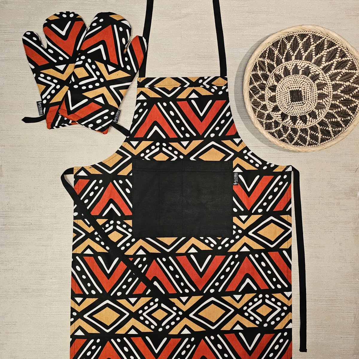 Keuken Schort en Set van 2 Ovenwanten | Afrikaanse Boheemse Stijl Geometrische 'Mudcloth' Bogolan Geïnspireerd Druk Schort