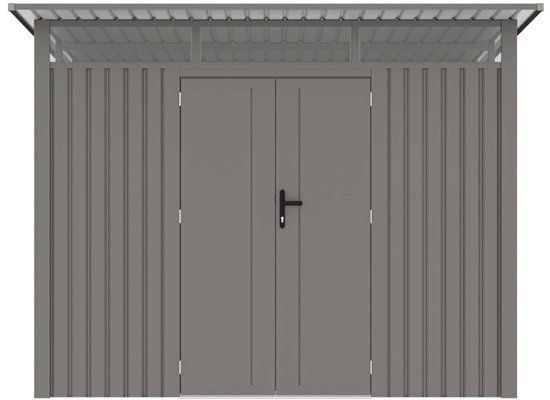 Rockford Porto 400 metalen tuinhuis met lessenaarsdak - Tuinschuur met centraal slot, polycarbonaat ramen en regenpijpen - 296 x 318 cm - Grijs