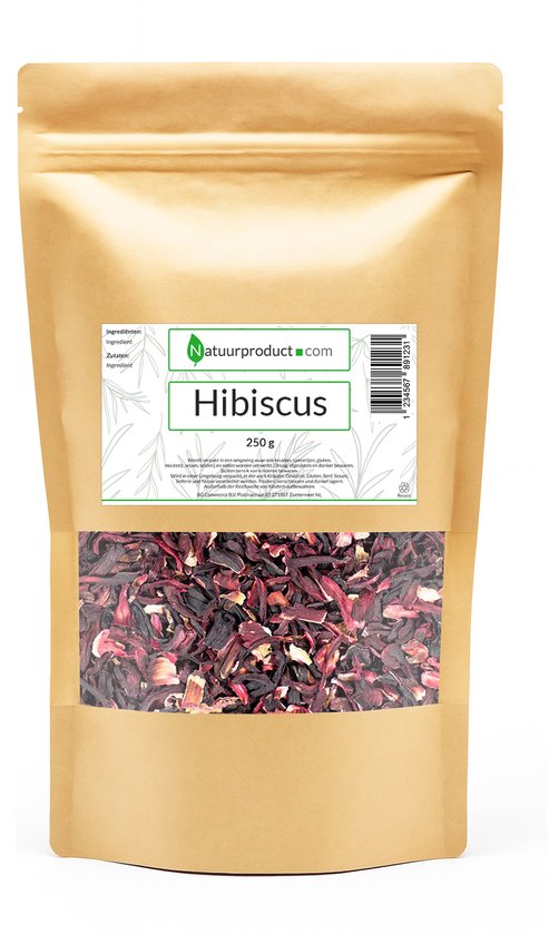 Bruine papieren zak met "Natuurproduct.com Hibiscus 250g" etiket en een venster vol gedroogde, rode hibiscusbloemen.