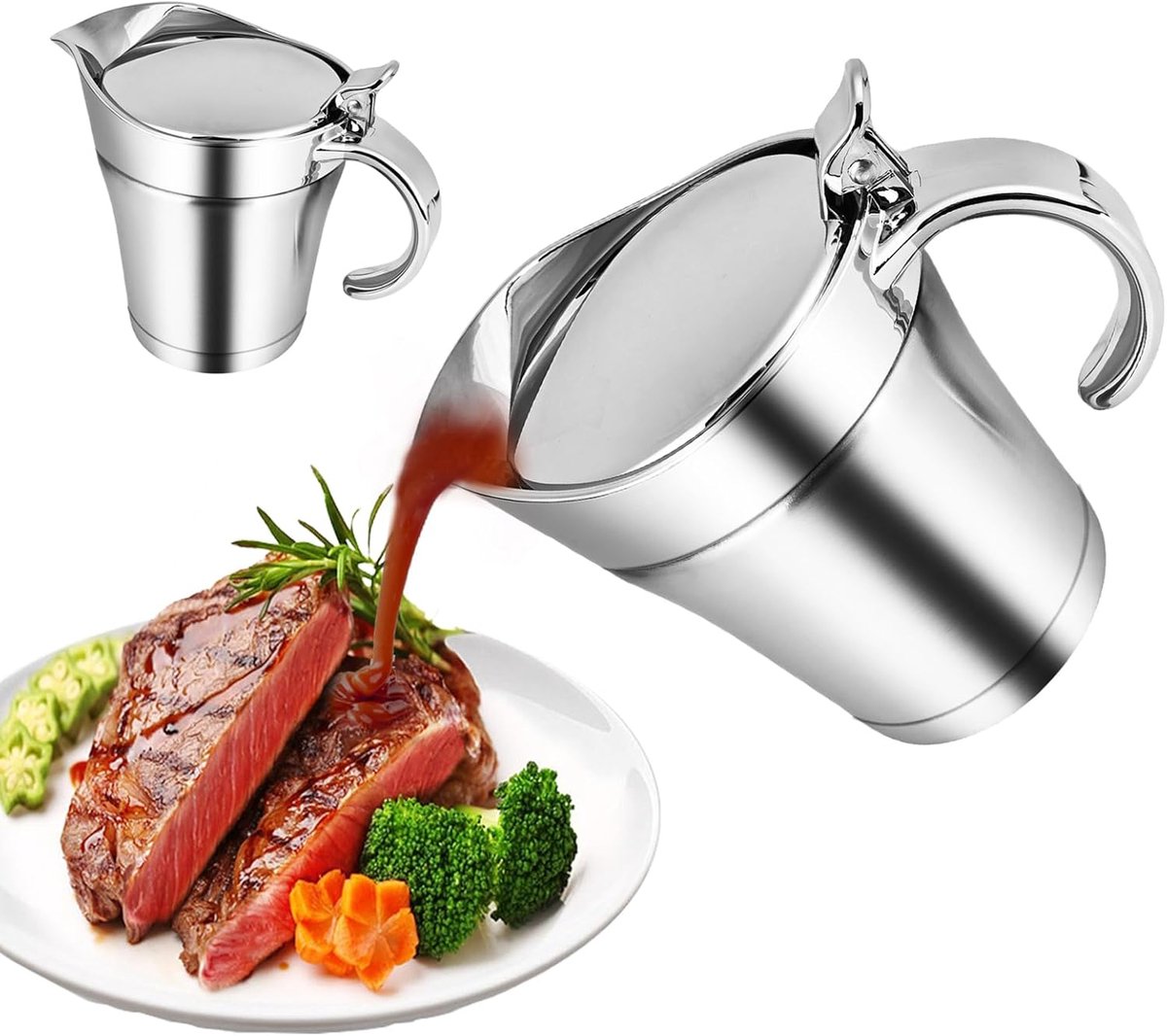 QTTVBTNA -450 ml roestvrijstalen thermo sauskan, sauskan met klapdeksel, dubbel geïsoleerde sauskan, elegante zilveren sauskan voor thuis, diner, restaurants, feesten en kerst