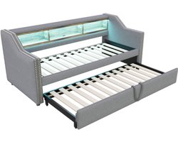 Slaapbank 90/180x190cm - met uitschuifbaar bed - opbergruimte - LED-verlichting en USB-aansluiting - lichtgrijs - zonder matras