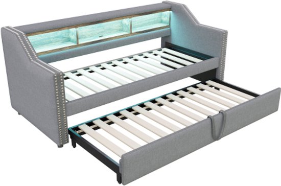 Canapé convertible 90/180x190cm - avec lit gigogne - rangements - éclairage LED et connexion USB - gris clair - sans matelas