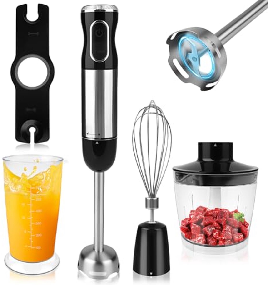 4-in-1 staafmixerset met hakmolen en maatbeker - 1000 W, roestvrij staal