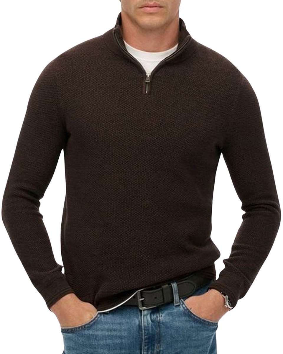 Superdry Cotton Texture Henley Half Zip Sweater Heren Bruin