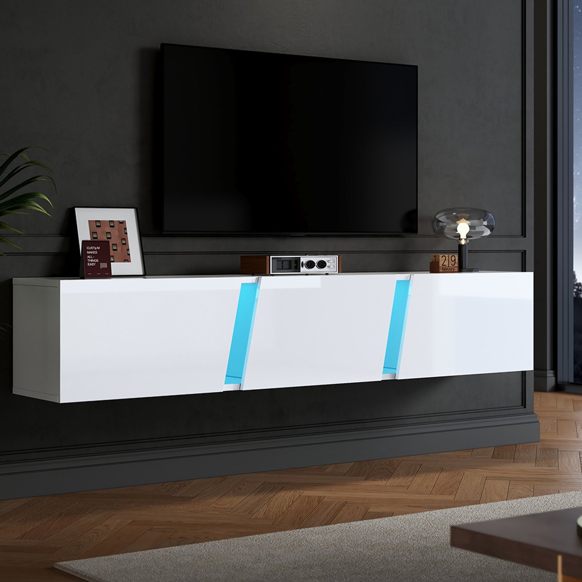 KOMHTOM BLACKCOLORS 180 x 35 x 30 cm, wand-tv-meubel, laag tv-meubel met LED-lampen, tv-meubel met 3 deuren, geschikt voor 75 inch tv's, glanzend tv-meubel, wit