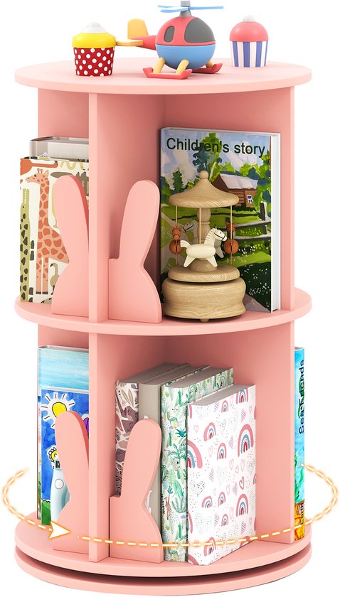 Roze draaibare boekenkast met 2 niveaus, met konijnenvormige scheidingswanden, gevuld met boeken, een speelgoedmolen en speelgoed.