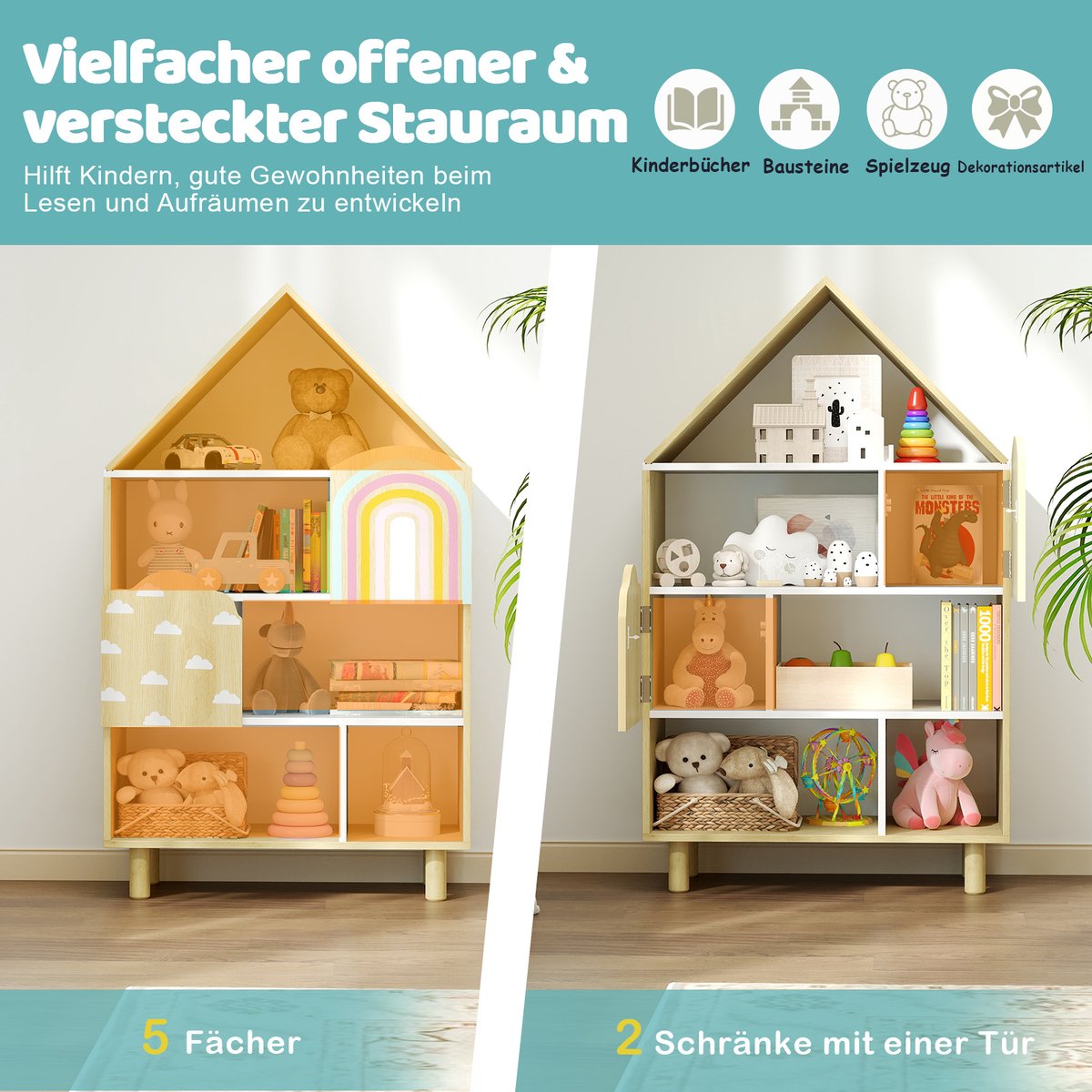 COSTWAY Kinder Speelgoedkast van Hout, Speelgoedrek met 2 grote vakken en 3 kleine vakken, open, Kinderrek voor speelgoed, poppen en boeken, 111 x 30 x 61,5 cm, Grijs