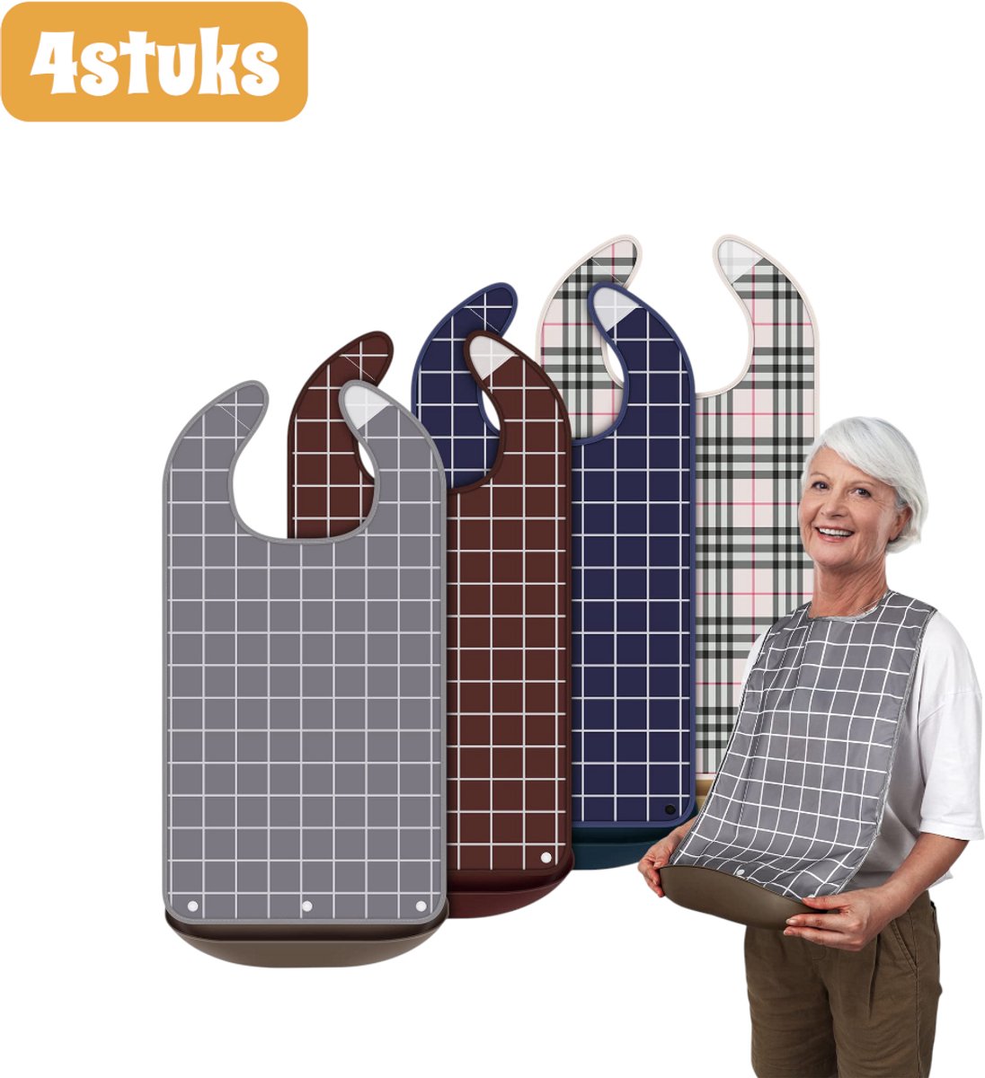 Image of 4 stuks - Slabbetjes voor volwassenen - Wasbare slab voor volwassenen - Waterdicht en vlekbestendig - Overallontwerp - Gemakkelijk aan en uit te trekken - Halsbandstijl - Wasbaar en herbruikbaar - Ruitjespatroon - 35 x 75 cm, diverse kleuren