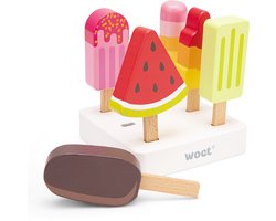 foto van Woet® Houten IJsjes Speelgoed - 6-delige Kleurrijke IJsjes met Standaard - Speelgoedeten - Rollenspel Keukenspeelgoed IJskraam - Vanaf 2 Jaar