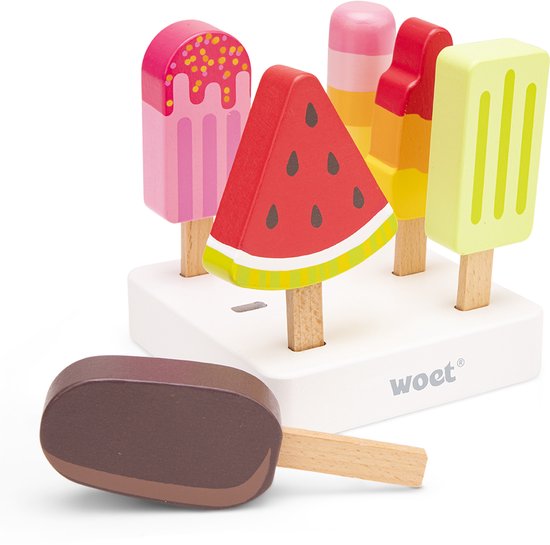 Woet® Houten IJsjes Speelgoed - 6-delige Kleurrijke IJsjes met Standaard - Speelgoedeten - Rollenspel Keukenspeelgoed IJskraam - Vanaf 2 Jaar