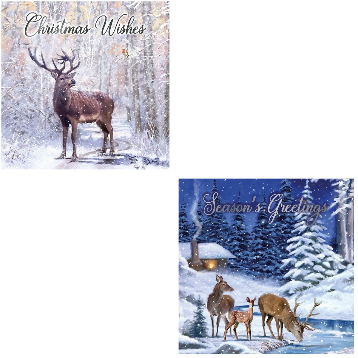 12 Traditionele Engelstalige dubbele Kerstkaarten met herten - 14 x 14 cm
