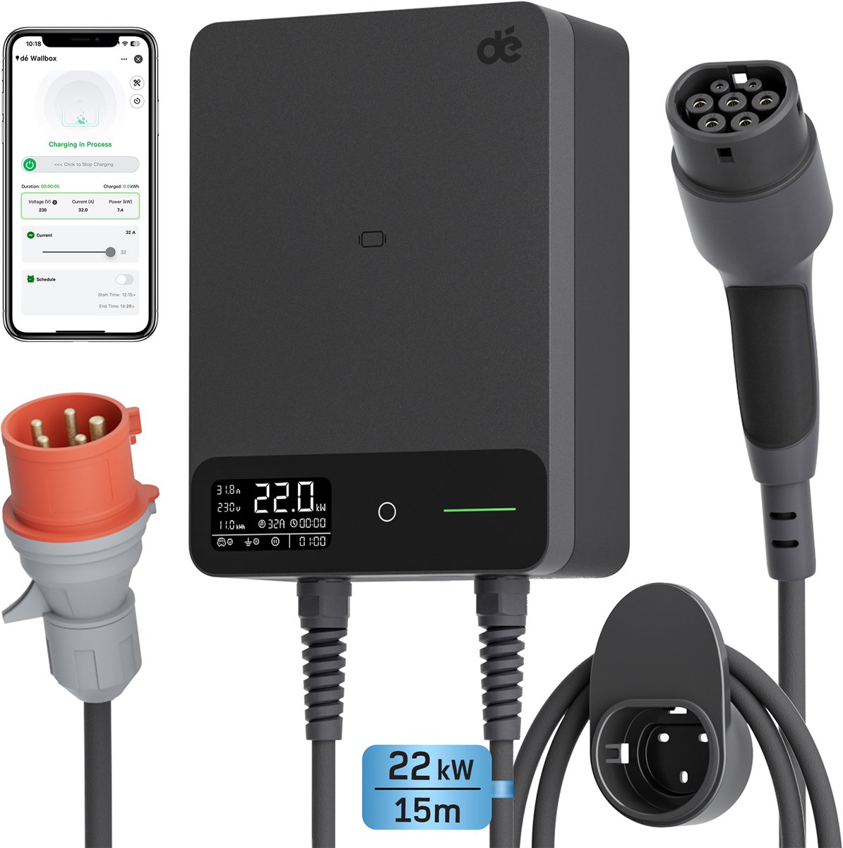 Slimme 22kW Wallbox met APP voor elektrische voertuigen - Zwart