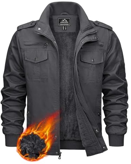 KEFITEVD Heren winter fleece outdoor Sherpa gevoerd warm militair veldjack tactisch vrije tijd cargo opstaande kraag mantel, zwart, L