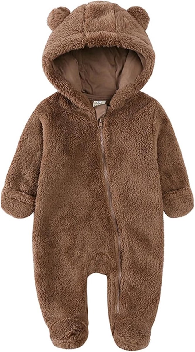 Kinderbodysuit van pluche - Bodysuit met capuchon, rits en lange mouwen en pluchen berenoren - Warme bodysuit met capuchon - Winteroutfitset - bruin - 6