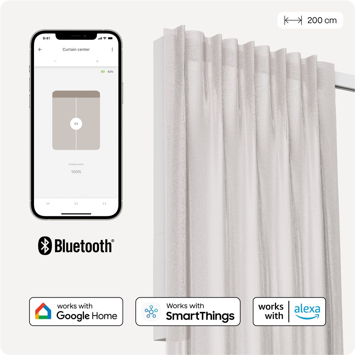 Motionblinds Smart Curtain Rail 200cm Central Opening