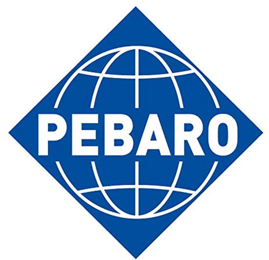 Blauw ruitlogo met witte lijnen van een wereldbol en het woord PEBARO.