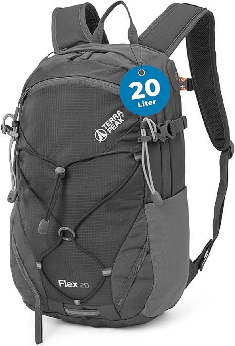 Terra Peak wandelrugzak 20L Flex 20 Premium (klein) met rugventilatie, drinksysteem en regenhoes - Trekkingrugzak van ademend 3D Air Mesh polyester - Outdoor dagrugzak met heupriem