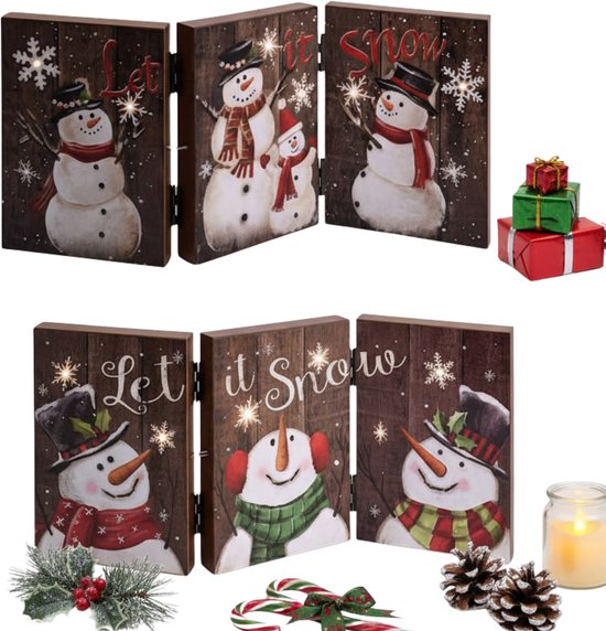 Lomera Houten Kerstdecoratie - Led Verlichting - Winterdeco - Drieluik Met Licht - Let It Snow - Kerstdorp - Kerstversiering - Kerst Decoratie - Led Lichtjes - Werkt Op Batterijen - Kerstdecoratie - Sfeerverlichting